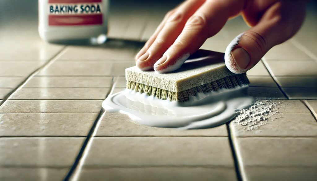 Main nettoyant des joints de carrelage avec une brosse et du bicarbonate