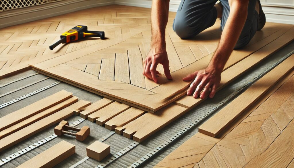 Pose de parquet flottant en chevrons par un bricoleur, gros plan sur les mains