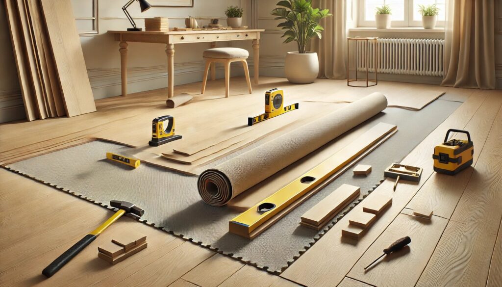 Préparation du sol pour installation de parquet flottant Préparation d'un sol pour pose de parquet flottant, avec outils et sous-couche