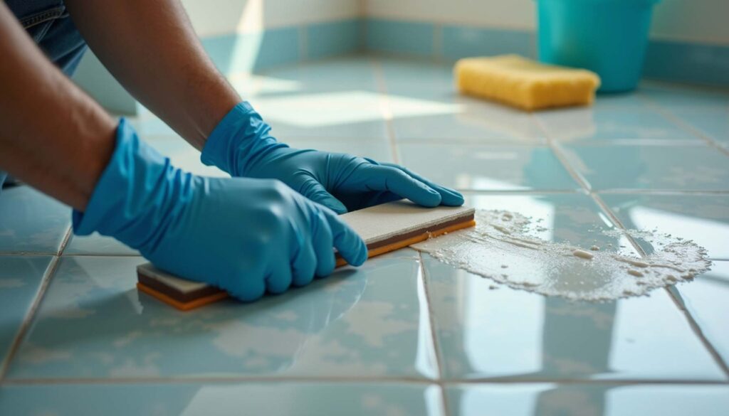 Mains gantées appliquant le joint entre les carreaux de salle de bain à la raclette, lumière latérale douce