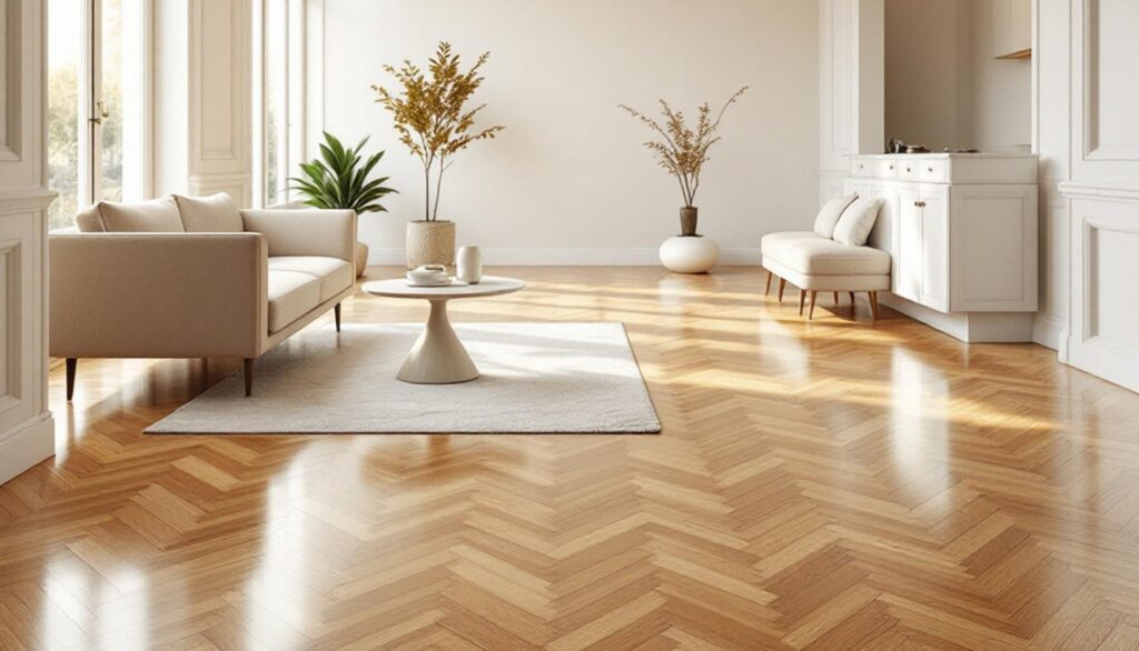 Intérieur moderne et chaleureux avec parquet impeccable baigné de lumière naturelle