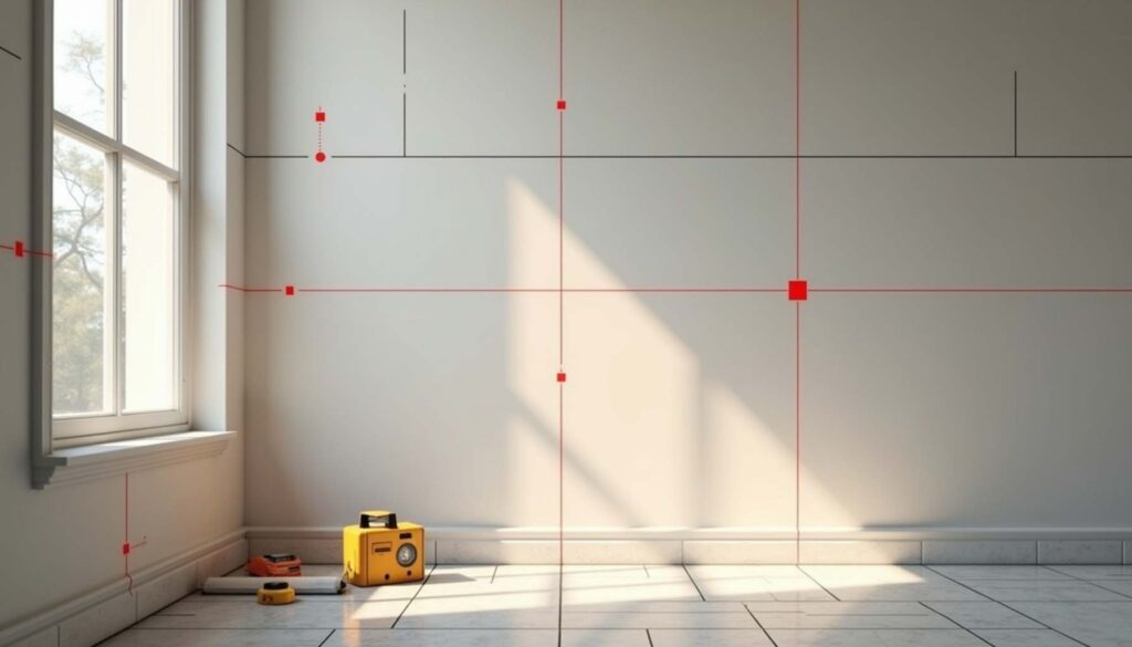 Mur de salle de bain avec lignes laser tracées, outils de pose alignés au sol sur une surface protégée