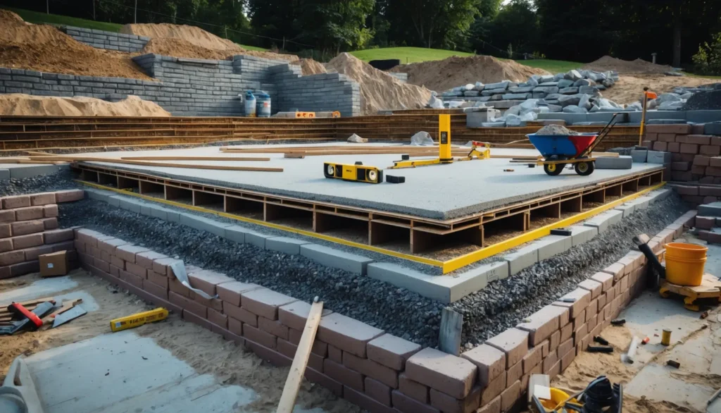 Chantier de terrasse montrant les couches de fondation avec géotextile, tout-venant et sable, outils de construction professionnels